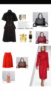 Collage di moda con borse in pelle lucida, cappotto doppiopetto e accessori eleganti