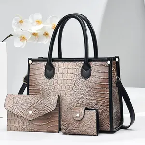 Women PU Leather Handbag Set Crocodile Pattern Tote With Envelope Wallet Card Holder Embossed Shoulder Crossbody Fashion Bag