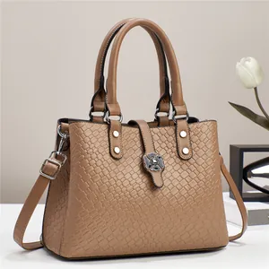 Women Woven Texture Handbag Fashion PU Leather Shoulder Bag With Detachable Strap Flower Lock Top Handle Tote Bag For Daily