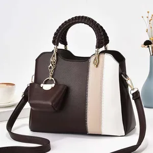 Modische PU Leder Bucket Bag in Colorblock Optik Mit Geflochtenem Griff Und Mini Geldbeutel Damen Umhängetasche