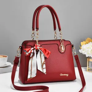 Women Litchi Texture PU Leather Handbag Elegant Large Capacity Tote Shoulder Bag With Satin Scarf Gold Chain Top Handle Bag