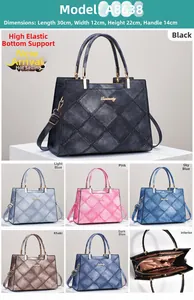 Detailed size guide and interior structure of the quilted tote bag showing multi-color options