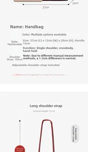 Detailed size chart showing dimensions of the large capacity crossbody handbag