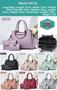 Detailed size chart and multi-color view of minimalist three-piece women's handbag set