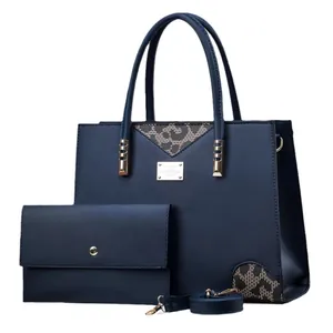 Navy blue faux leather tote bag and wallet set with stylish leopard print details