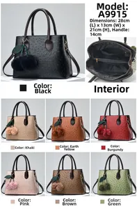Detailed views of ostrich embossed boston bag with pom-pom charm in various colors