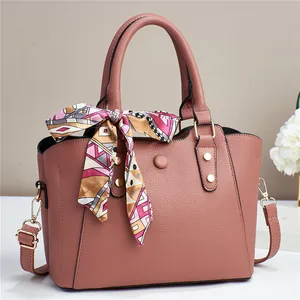Minimalist large capacity faux leather tote bag in dusty rose pink with decorative scarf
