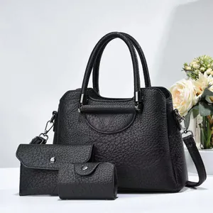 Women Fashion PU Leather Handbag 3-in-1 Set Litchi Grain Shoulder Crossbody Bag Large Capacity Daily Commuter Purse