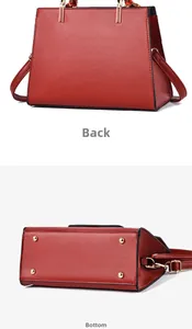 Detail view of the red leather handbag back and bottom with gold protective studs