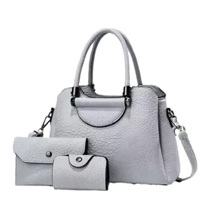 Light grey 3-piece faux leather handbag set with tote, wallet and small coin purse