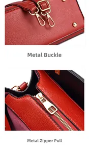 Detailed view of golden hardware clasp and metal zipper puller on red leather bag