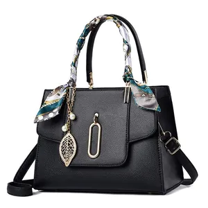 Women Litchi Grain PU Leather Handbag With Satin Silk Scarf Handle Large Capacity Crossbody Bag With Leaf Artificial Pearl Charm