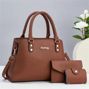 Three-piece brown litchi pattern handbag set including tote bag, wallet and card holder