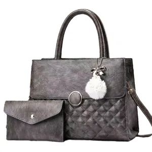 Retro grey quilted tote bag set with metal buckle and plush pearl charm decoration