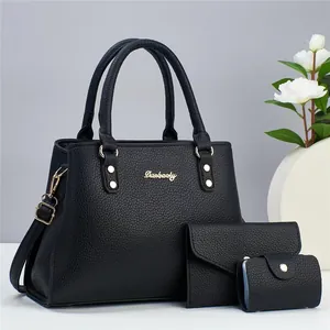 Women Fashion Litchi Grain PU Leather Handbag Set Large Capacity Tote Bag With Long Wallet And Card Holder Shoulder Bag