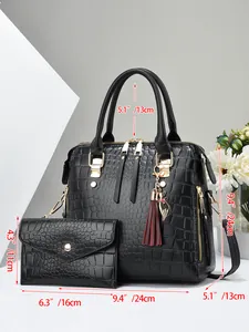 Detailed size chart showing dimensions of the black crocodile pattern tote and clutch set