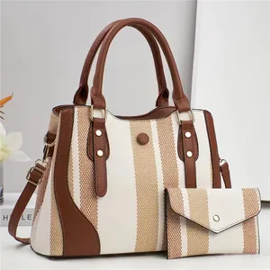 Sac à Main Rayé Couleur Contrastée Pour Femmes Et Portefeuille Assorti Grand Sac Fourre-Tout En Cuir PU Tissé Pour Navettage