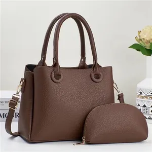 Women Large Capacity Litchi Pattern PU Leather Handbag Set With Matching Small Pouch Fashion Tote Shoulder Crossbody Bag For Daily Office