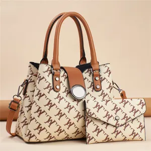 Women Fashion Monogram Print Tote Bag And Wallet Set Large Capacity PU Leather Handbag With Shoulder Strap Matching Bag Set