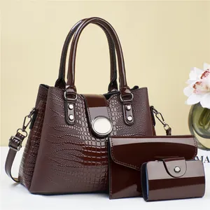3-piece dark brown embossed crocodile faux leather handbag set with silver hardware