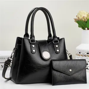 Borsa a Mano da Donna in Pelle PU Retro Set da 2 Pezzi Borsa Tote di Grande Capacità Con Portafoglio Pochette Tracolla Rimovibile Fibbia Rotonda in Metallo Argentato Borsa a Spalla Casual da Ufficio
