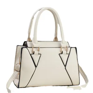 Chic cream leather handbag with black trim, large capacity and adjustable strap for women