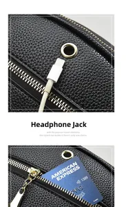 Détail du sac bandoulière à motif litchi avec trou pour écouteurs et zip doré