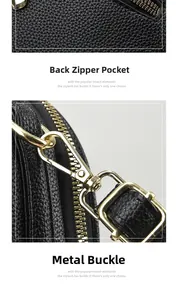 Détail du sac en cuir litchi noir avec poche zippée arrière et fermoir mousqueton doré