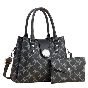 Elegant black two-piece handbag set with M-letter print and round silver buckle detail