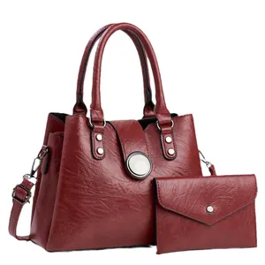 Set borsa a mano vintage 2 pezzi rosso scuro con trama in pelle e fibbia argento