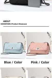 Detailed view of quilted faux leather chain bags in light blue and soft pink colors