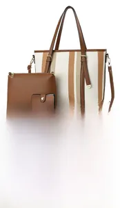 Three-piece women bag set including a striped tote, zipper pouch, and a small wallet