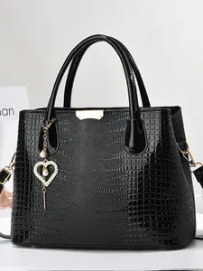 Sac Cabas pour Femmes en Cuir PU à Motif Crocodile Avec Pendentif Coeur Künstliche Perle Élégant Sac à Main Grande Capacité Mode Quotidienne