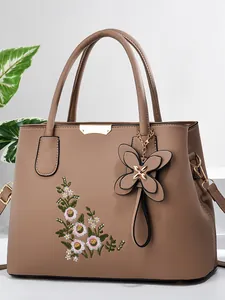 Women Floral Embroidered PU Leather Handbag Elegant Large Capacity Tote Bag With Butterfly Pendant Gold Hardware Crossbody Bag