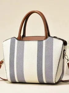 Large capacity striped canvas tote bag with brown handles and detachable shoulder strap