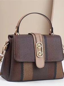 Kontrastfarbene Gestreifte Umhängetasche Für Damen PU-Leder Gewebte Handtasche Mit Goldener Metallschnalle Retro Mode Tasche Alltag