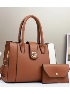 Women Fashion PU Leather Top Handle Bag Set Color Block Large Capacity Tote Bag With Matching Wallet Shoulder Crossbody Bag