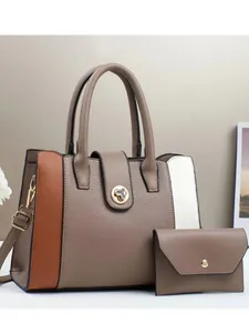 Three-color patchwork tote bag set with matching wallet and adjustable shoulder strap