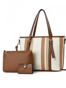 Three-piece tote bag set with brown striped canvas and matching leather purses