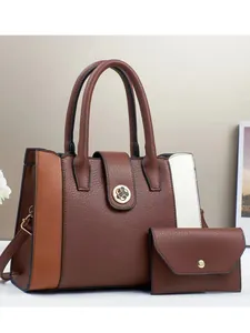 Brown patchwork contrast tote bag and wallet set with flower clasp and pebbled texture