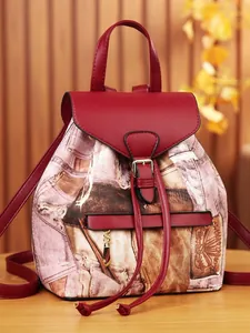 Vintage burgundy and denim patchwork backpack with large capacity and multi-pocket design