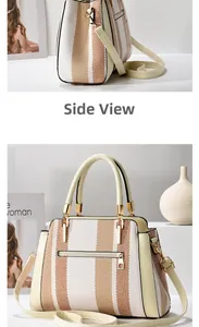 Detailansicht der Seiten- und Vorderseite einer beige-braun gestreiften Handtasche
