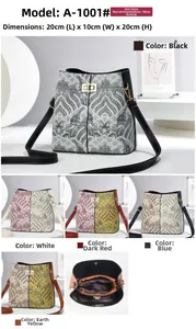 Detail view of ethnic print bucket bags in five colors with vintage wave patterns