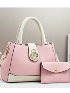 Borsa A Mano E Portafoglio In Pelle PU Retro Europeo Da Donna Texture Di Litchi Color Block Tote Bag Con Logo Corona In Metallo