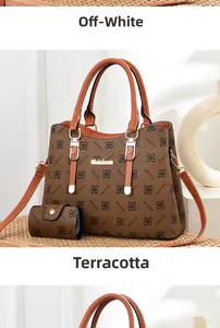 Detail view of large floral print handbag and small purse set in brown faux leather