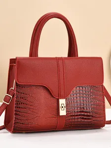 Women Crocodile Pattern Stitching Tote Bag PU Leather Handbag Gold Metal Lock Elegant Street Fashion Daily Shoulder Bag