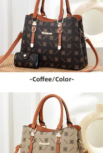 Detail view of printed leather tote bag set with metal logo and patterned surface