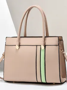 Elegant beige tote bag with mint green contrast stripes and round handles