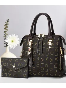 Women Fashion Monogram Print Handbag And Long Wallet Set Faux Leather Large Capacity Tote Bag With Tassel Charm Daily Accessory