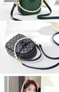 Detail of vintage patterned mini round bags with pearl handles and leather straps